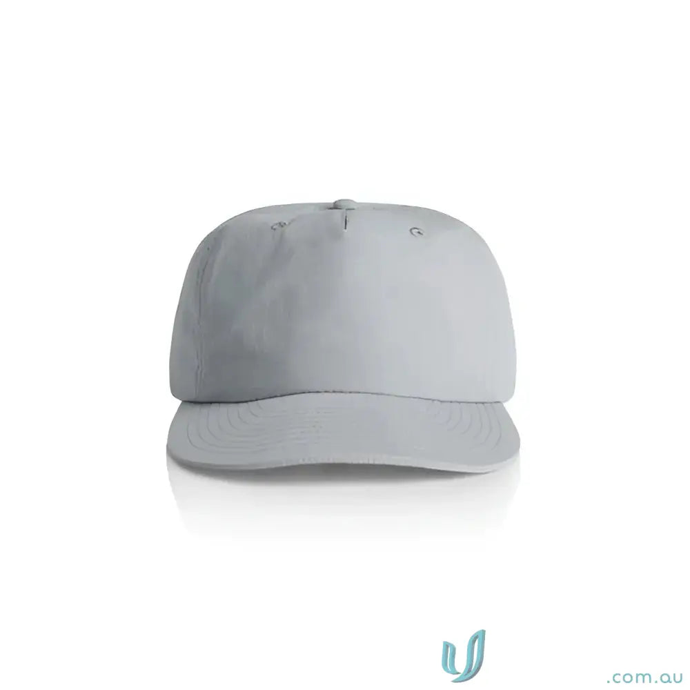 Light gray recycled nylon surf cap with curved brim and plastic snapback style