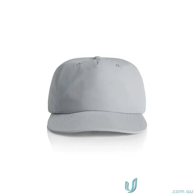 Light gray recycled nylon surf cap with curved brim and plastic snapback style