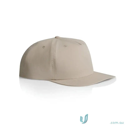 Beige recycled nylon surf cap with flat brim and plastic snapback for versatile style