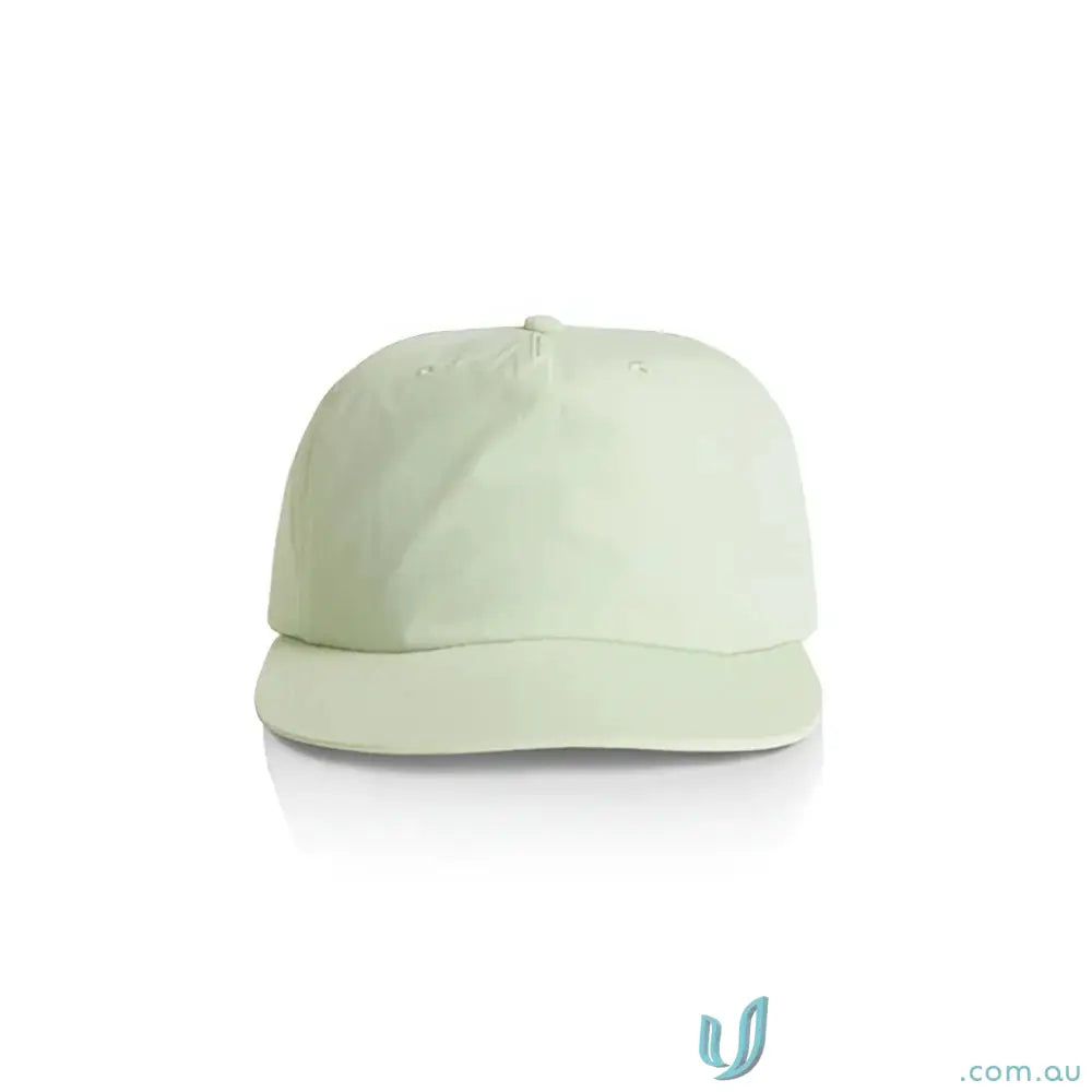 Light green surf cap with soft crown and curved brim made of recycled nylon plastic snapback