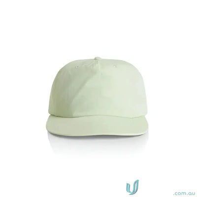 Light green surf cap with soft crown and curved brim made of recycled nylon plastic snapback