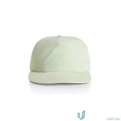 Light green surf cap with soft crown and curved brim made of recycled nylon plastic snapback