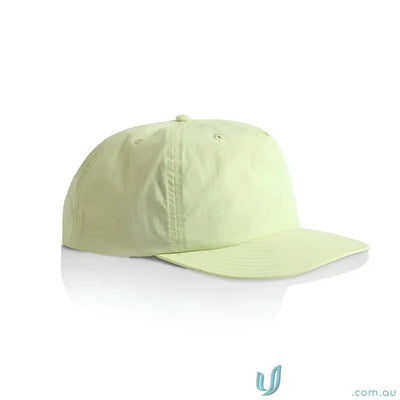 Light green recycled nylon surf cap with flat brim and plastic snapback for versatile wear