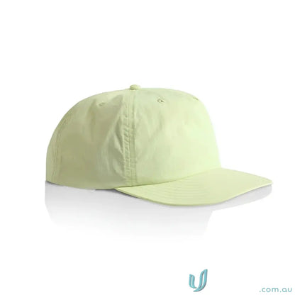 Light green recycled nylon surf cap with flat brim and plastic snapback for versatile wear