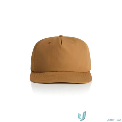 Light brown recycled nylon surf cap with flat brim and plastic snapback for versatile wear