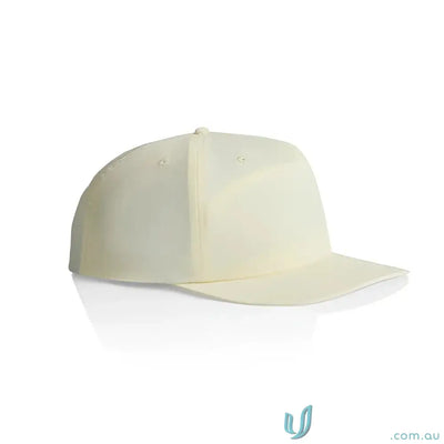 Cream-colored surf cap with a flat brim, made from recycled nylon plastic snapback