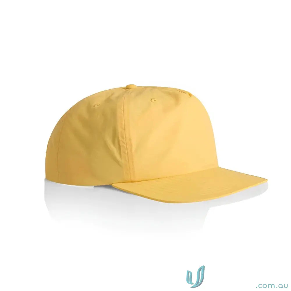 Yellow recycled nylon surf cap with flat brim and plastic snapback for versatile style