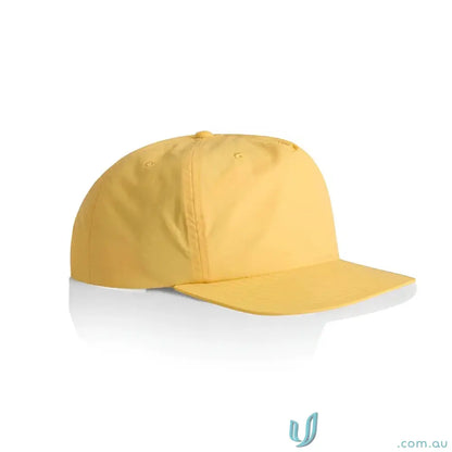 Yellow recycled nylon surf cap with flat brim and plastic snapback for versatile style