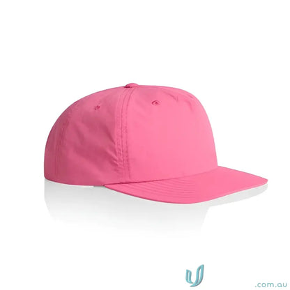 Bright pink recycled nylon surf cap with flat brim and plastic snapback style