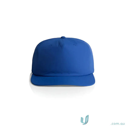 Royal blue surf cap with flat brim made from recycled nylon plastic snapback