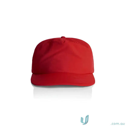 Red surf cap with flat brim made from recycled nylon plastic snapback for versatile wear