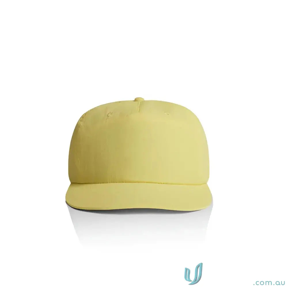 Light yellow recycled nylon surf cap with plastic snapback for versatile wear