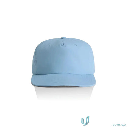 Light blue recycled nylon surf cap with flat brim and plastic snapback for versatile wear