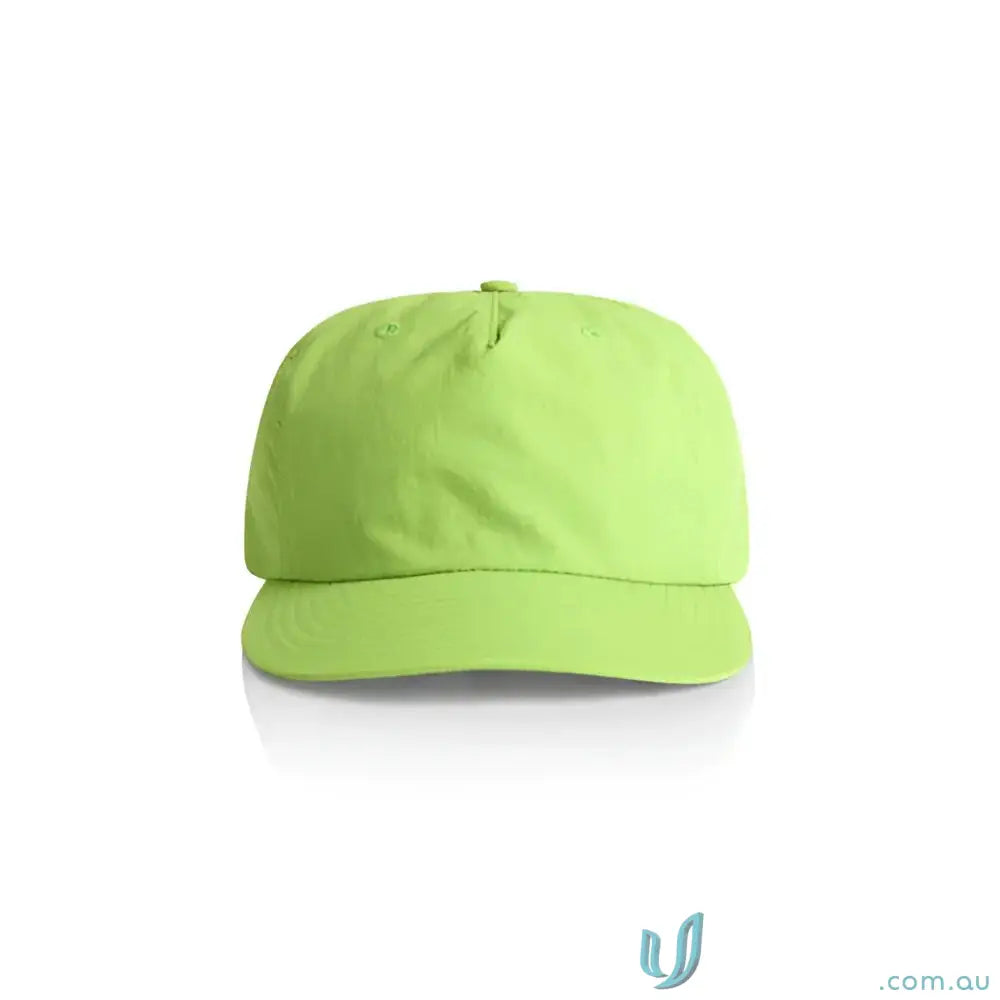 Bright lime green surf cap made of recycled nylon with a plastic snapback