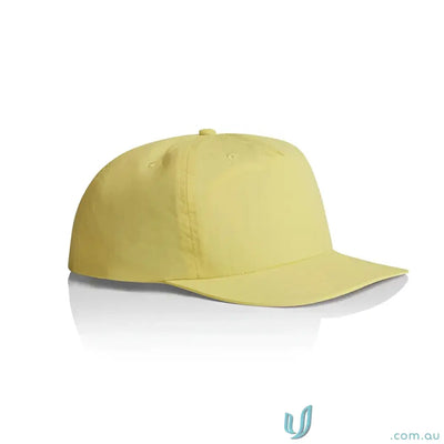 Light yellow recycled nylon surf cap with flat brim and plastic snapback for versatile style