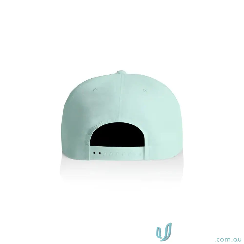 Light teal recycled nylon surf cap with plastic snapback for versatile style