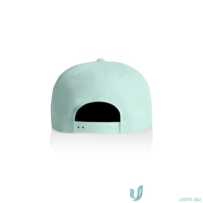 Light teal recycled nylon surf cap with plastic snapback for versatile style