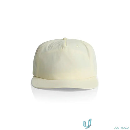 Off-white recycled nylon surf cap with plastic snapback, lightweight and quick-dry for casual wear