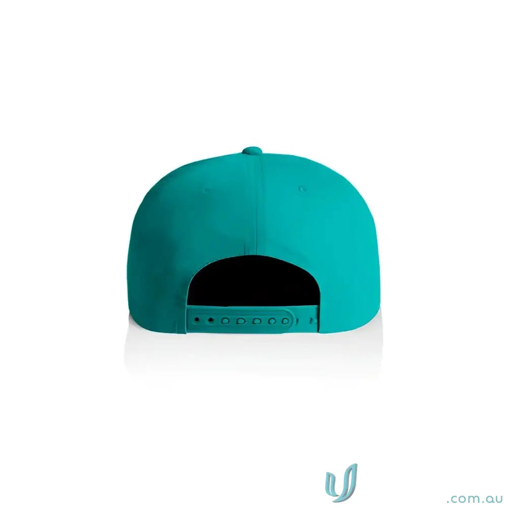 Teal surf cap with plastic snapback made from recycled nylon for versatile wear