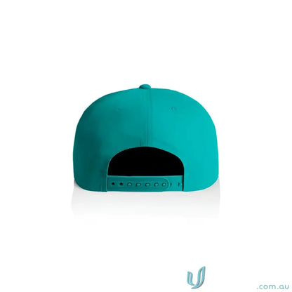 Teal surf cap with plastic snapback made from recycled nylon for versatile wear