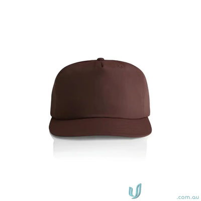 Plain brown recycled nylon surf cap with flat brim and plastic snapback for versatile wear
