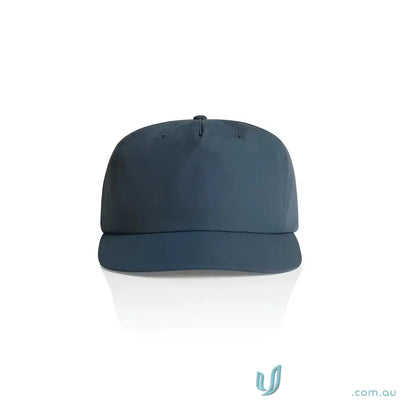 Dark blue recycled nylon surf cap with flat brim and plastic snapback for versatile style