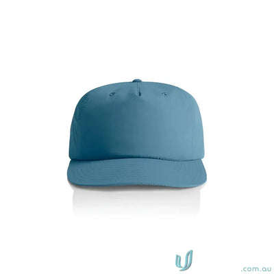 Light blue recycled nylon surf cap with curved brim and plastic snapback for versatile wear