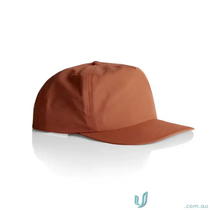 Rust-colored recycled nylon surf cap with flat brim and plastic snapback for versatile wear