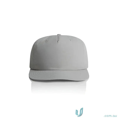 Light gray recycled nylon surf cap with flat brim and plastic snapback for versatile style
