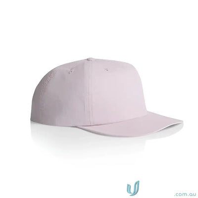 Light pink recycled nylon surf cap with flat brim and plastic snapback for versatile wear