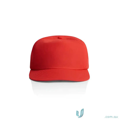 Vibrant red surf cap made of recycled nylon with plastic snapback for versatile wear