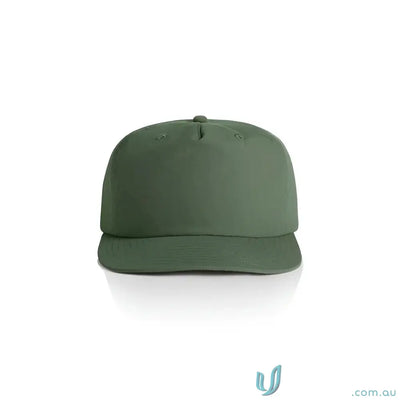 Solid dark green recycled nylon surf cap with flat brim and plastic snapback