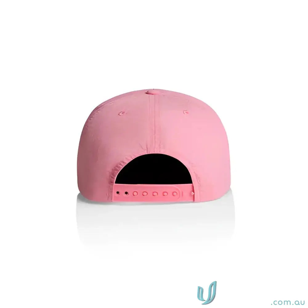Pink recycled nylon surf cap with plastic snapback and adjustable closure
