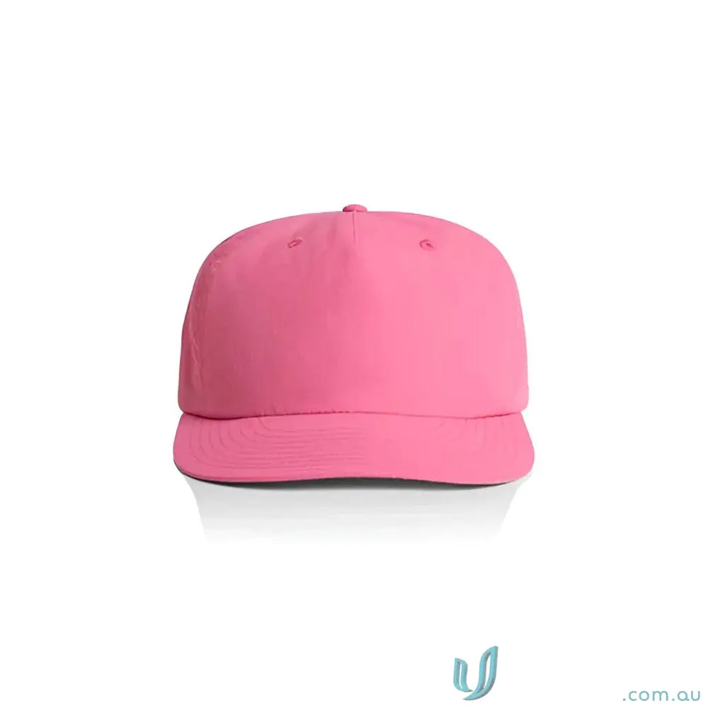 Plain pink recycled nylon surf cap with flat brim and plastic snapback style
