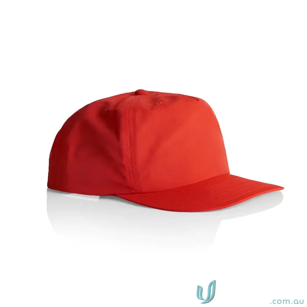 Plain red recycled nylon surf cap with flat brim and plastic snapback for versatile wear