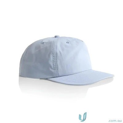 Light blue recycled nylon surf cap with curved brim and plastic snapback for versatile wear