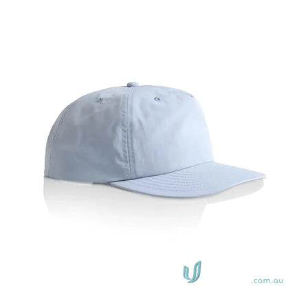 Light blue recycled nylon surf cap with curved brim and plastic snapback for versatile wear