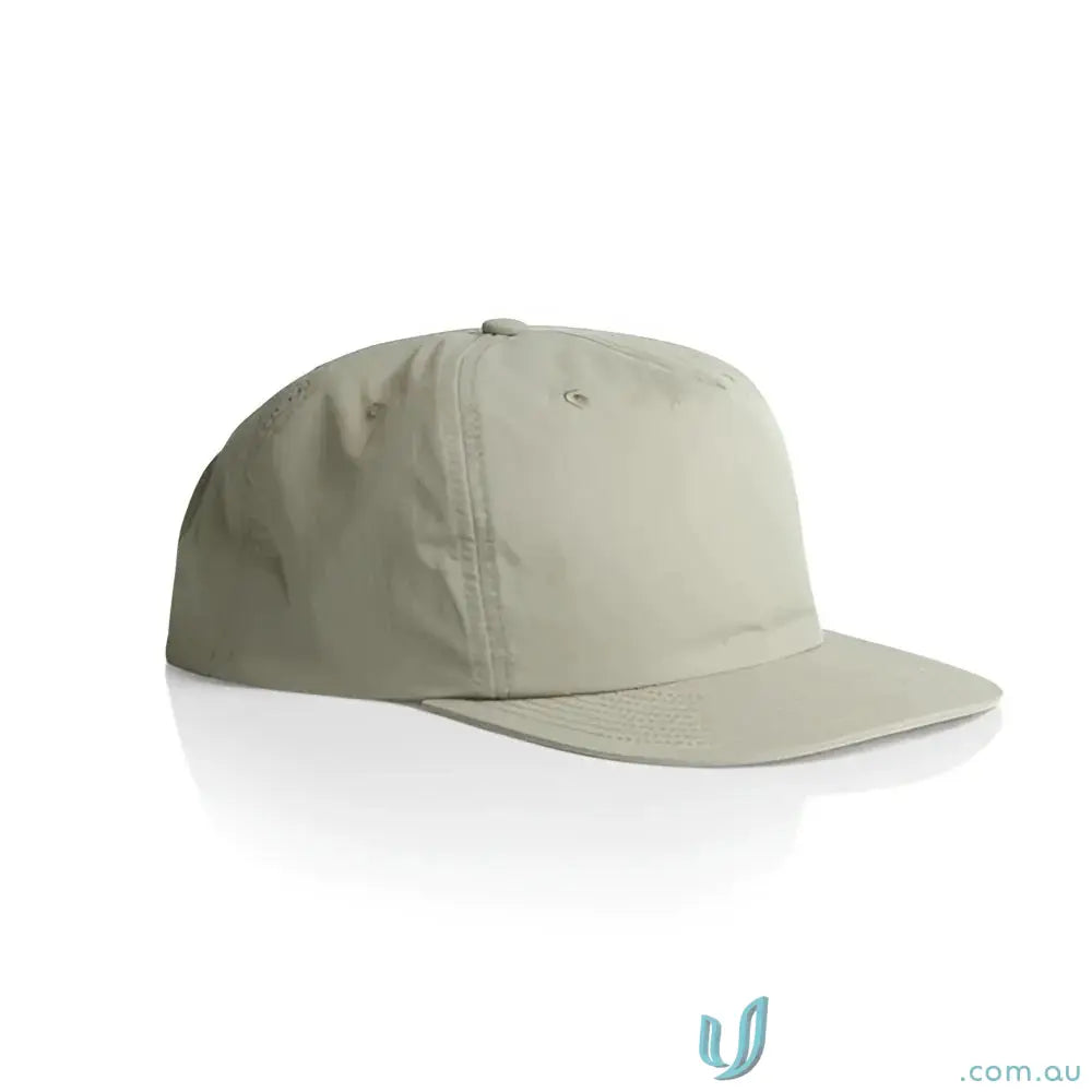 Light olive green recycled nylon surf cap with flat brim and plastic snapback