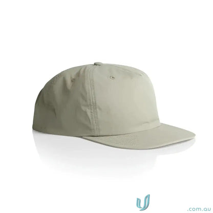 Light olive green recycled nylon surf cap with flat brim and plastic snapback
