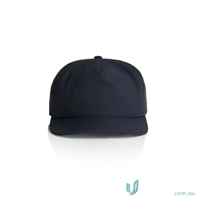Dark blue recycled nylon surf cap with flat brim and plastic snapback for versatile style