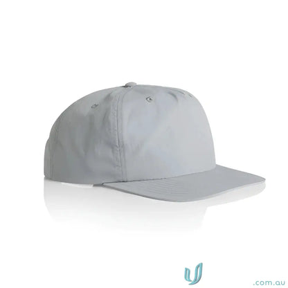 Light grey recycled nylon surf cap with flat brim and plastic snapback for casual style