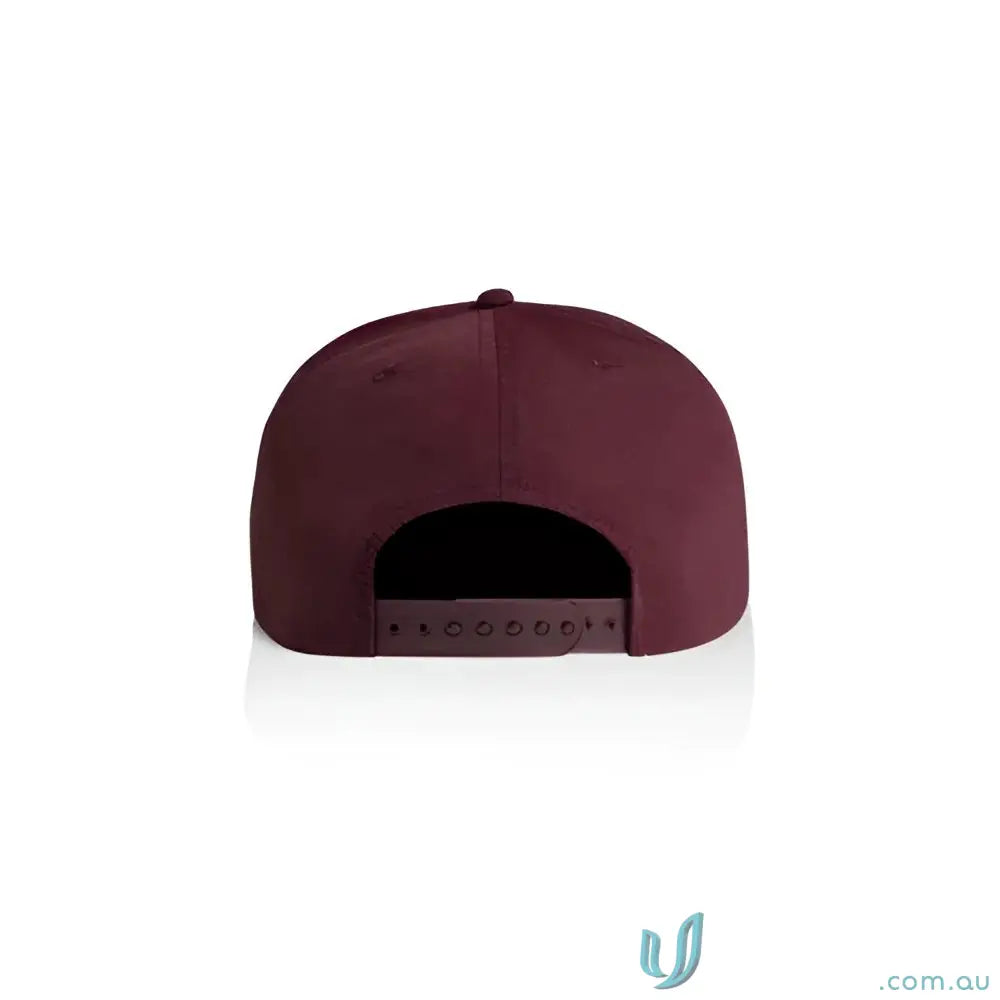 Maroon recycled nylon surf cap with a plastic snapback and adjustable fit