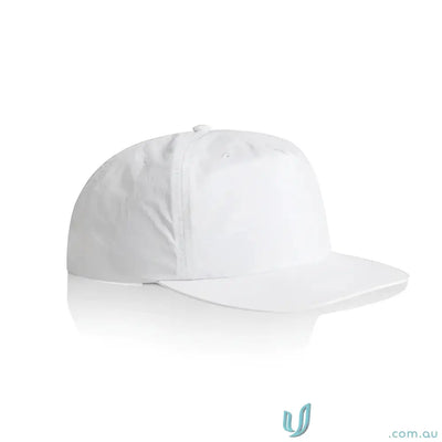 Plain white recycled nylon surf cap with flat brim and plastic snapback for versatile wear