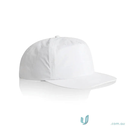 Plain white recycled nylon surf cap with flat brim and plastic snapback for versatile wear