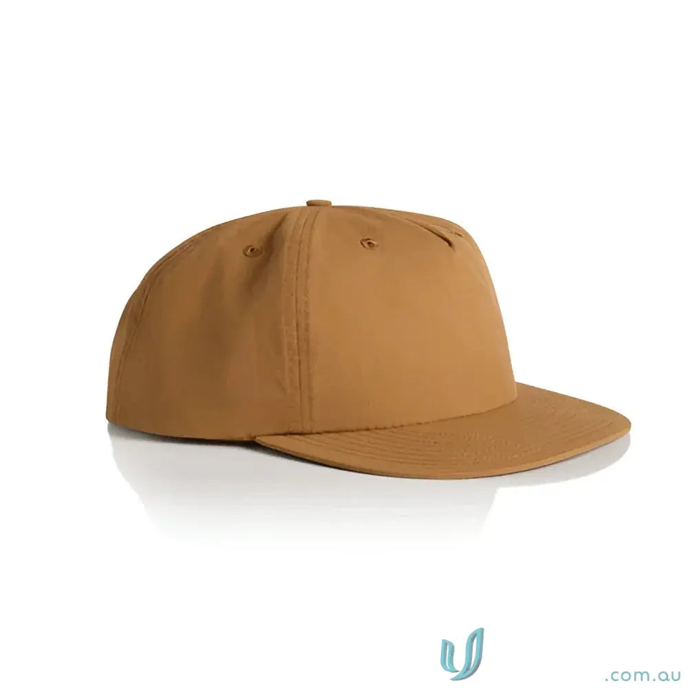 Plain brown recycled nylon surf cap with flat brim and plastic snapback for versatile wear