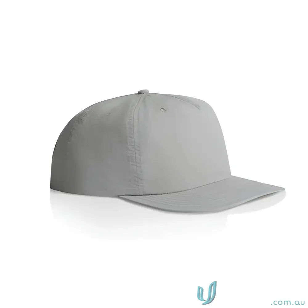 Light gray recycled nylon surf cap with flat brim and plastic snapback for versatile wear