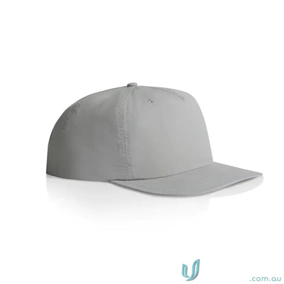Light gray recycled nylon surf cap with flat brim and plastic snapback for versatile wear