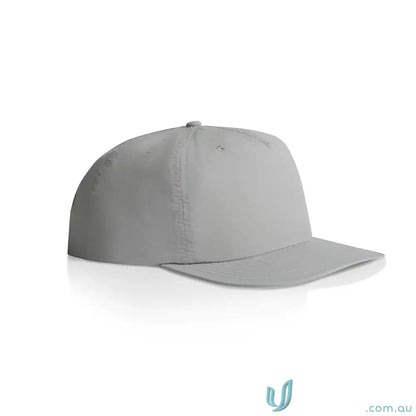 Light gray recycled nylon surf cap with flat brim and plastic snapback for versatile wear