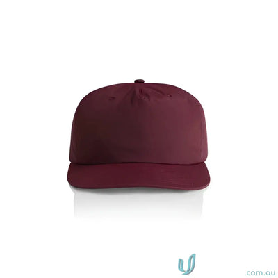 Maroon surf cap made of recycled nylon with a flat brim and plastic snapback