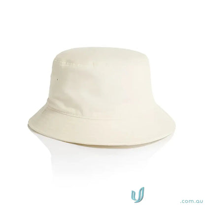 Cream-colored bucket hat with reinforced brim, ventilation eyelets, lightweight cotton style